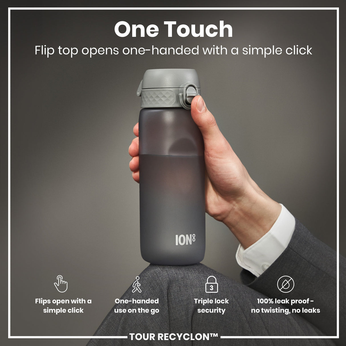 ION8 Recyclon Leak Proof Water Bottle, Grey, 750ml