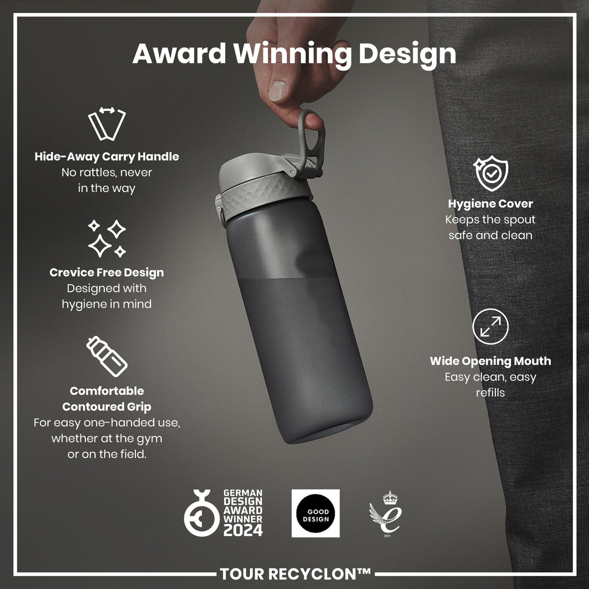 ION8 Recyclon Leak Proof Water Bottle, Grey, 750ml