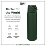 ION8 Leak Proof Slim Water Bottle, Stainless Steel, Dark Green, 600ml