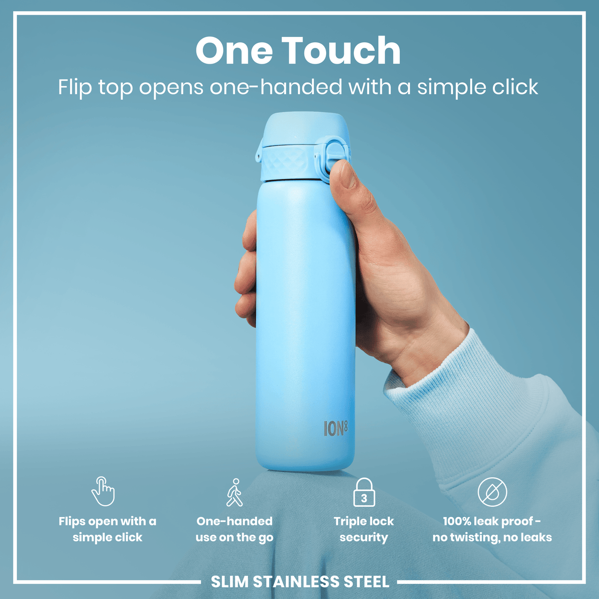 ION8 Steel Slim Leak Proof Water Bottle, Alaskan Blue, 600ml