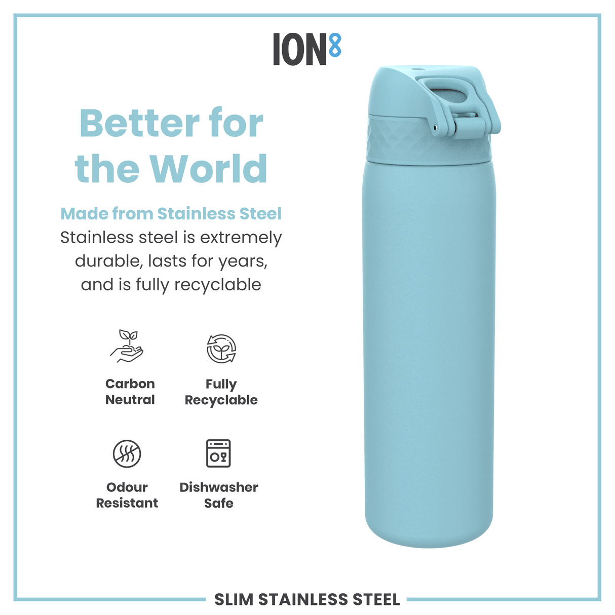 ION8 Steel Slim Leak Proof Water Bottle, Alaskan Blue, 600ml
