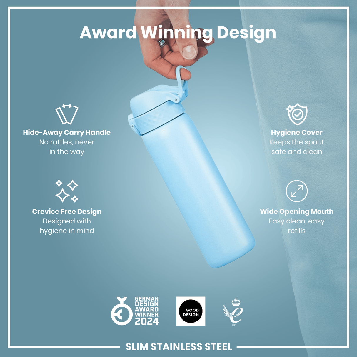 ION8 Steel Slim Leak Proof Water Bottle, Alaskan Blue, 600ml