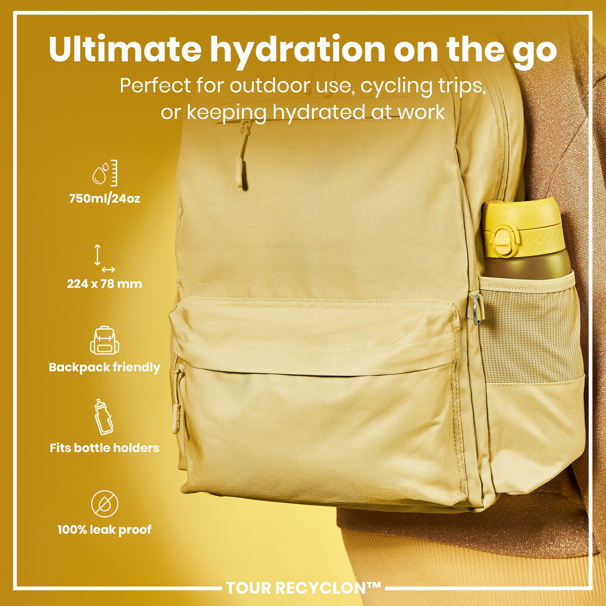 ION8 Recyclon Leak Proof Water Bottle, Yellow, 750ml