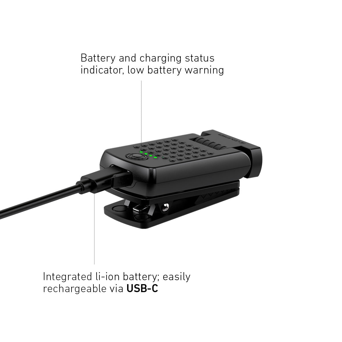 Ledlenser W1R Work infographic showing the battery indicator and USB-C charging