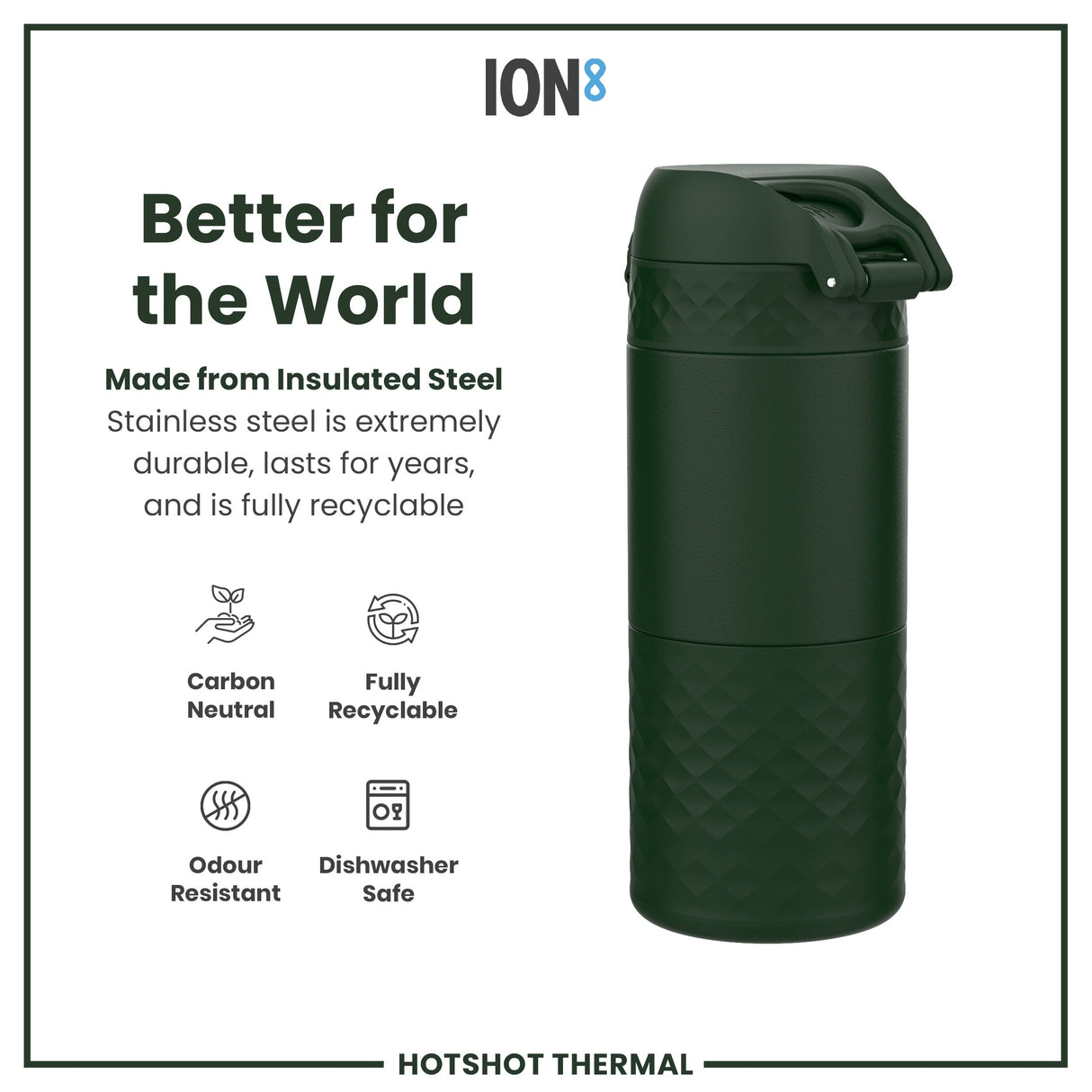 ION8 HotShot Insulated Steel Travel Mug, Dark Green, 360ml