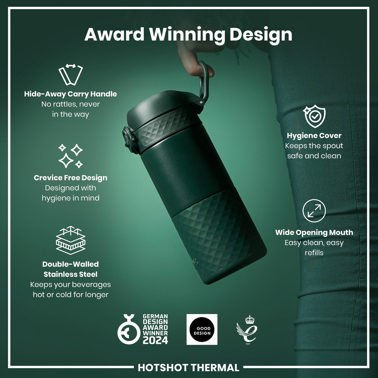 ION8 HotShot Insulated Steel Travel Mug, Dark Green, 360ml