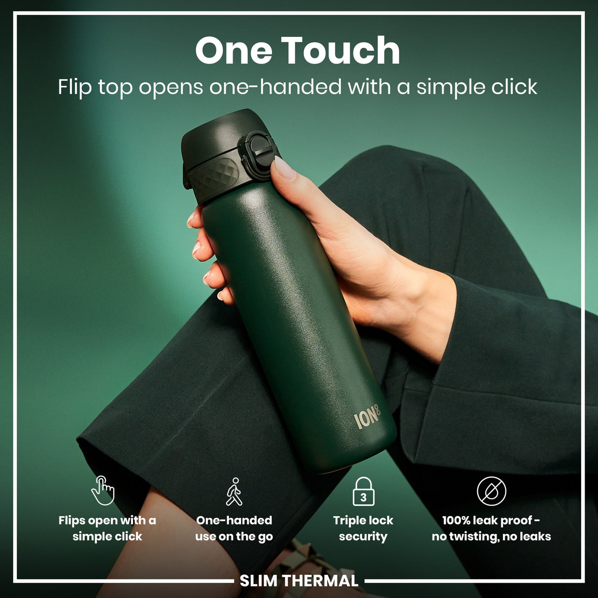 ION8 Leak Proof Slim Thermal Water Bottle, Insulated Steel, Dark Green, 500ml