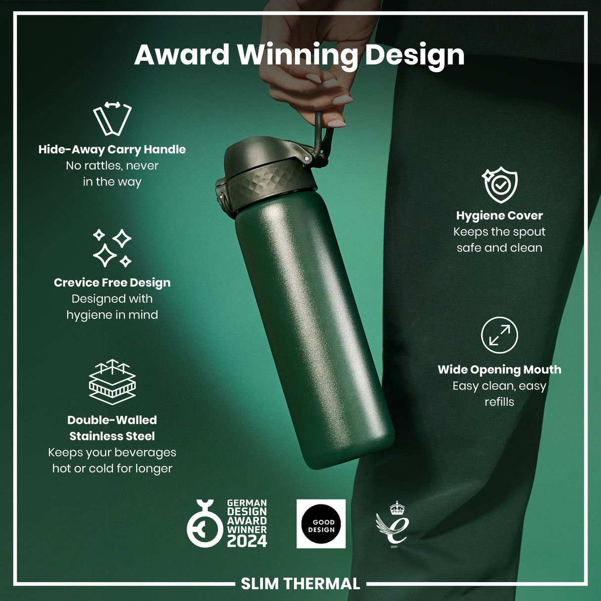 ION8 Leak Proof Slim Thermal Water Bottle, Insulated Steel, Dark Green, 500ml