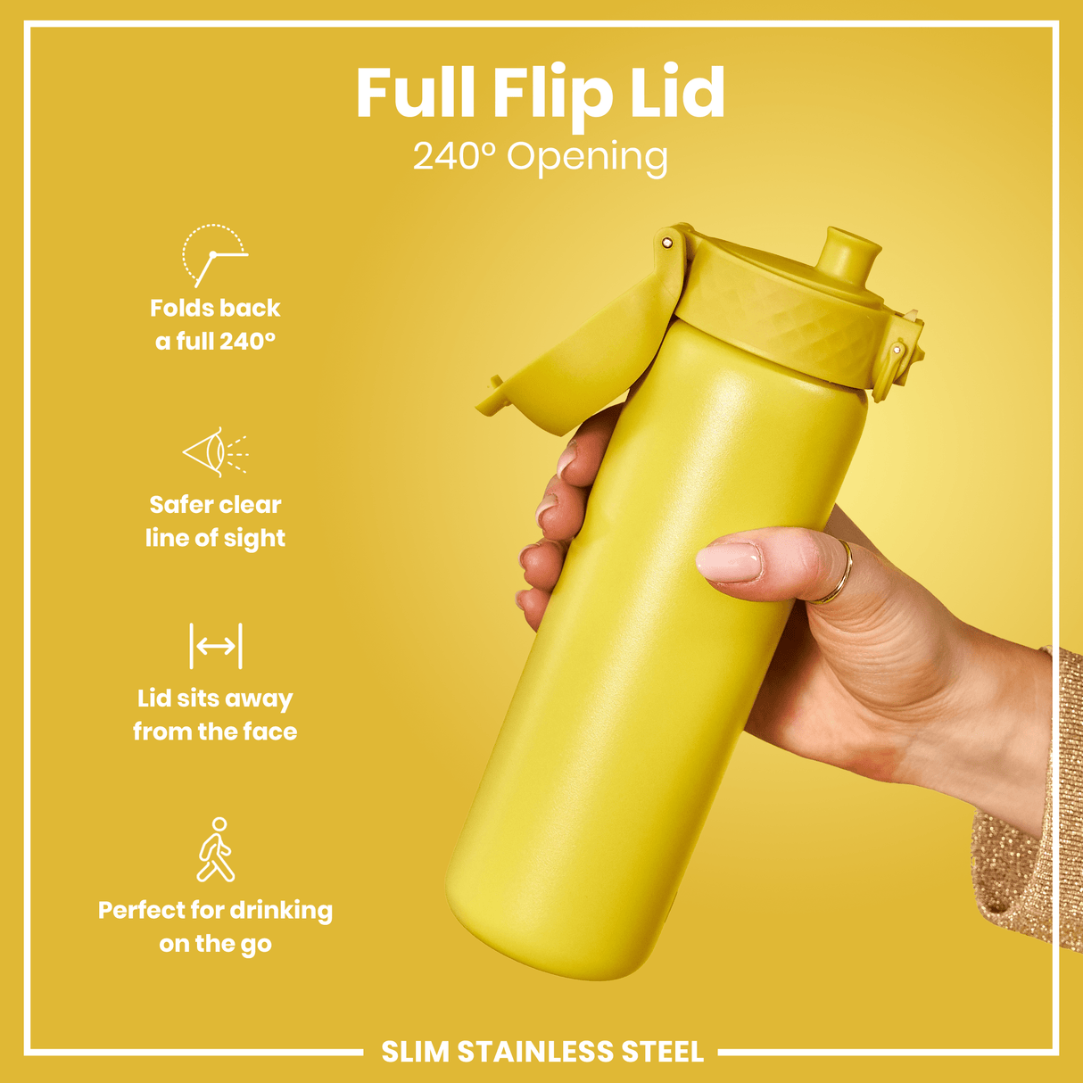 ION8 Steel Slim Leak Proof Water Bottle, Yellow, 600ml