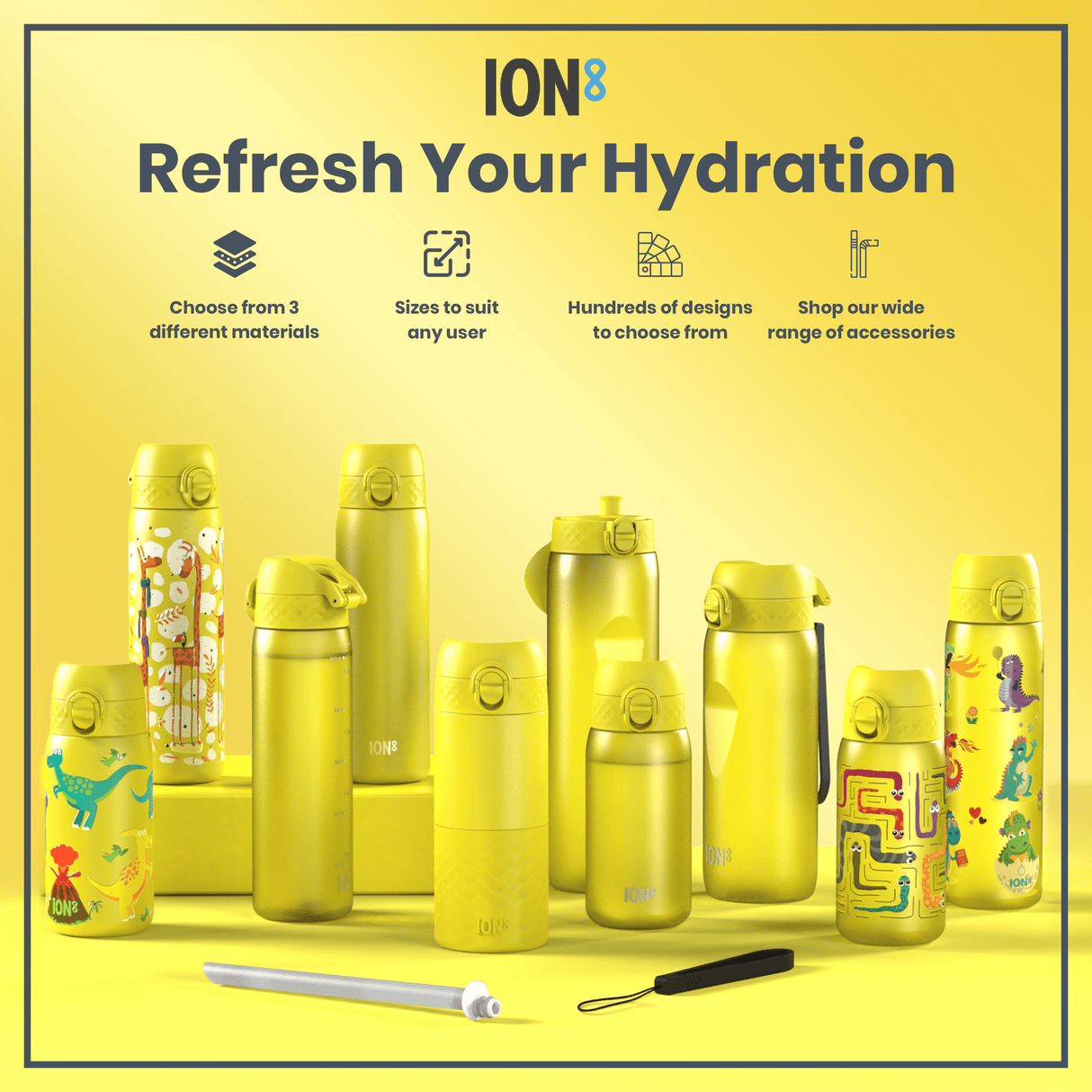 ION8 Steel Slim Leak Proof Water Bottle, Yellow, 600ml