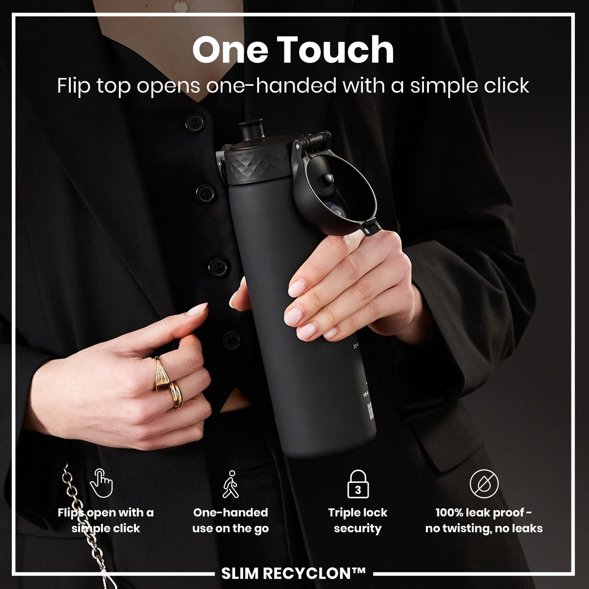 ION8 Recyclon Slim Leak Proof Water Bottle with Straw, Black, 500ml