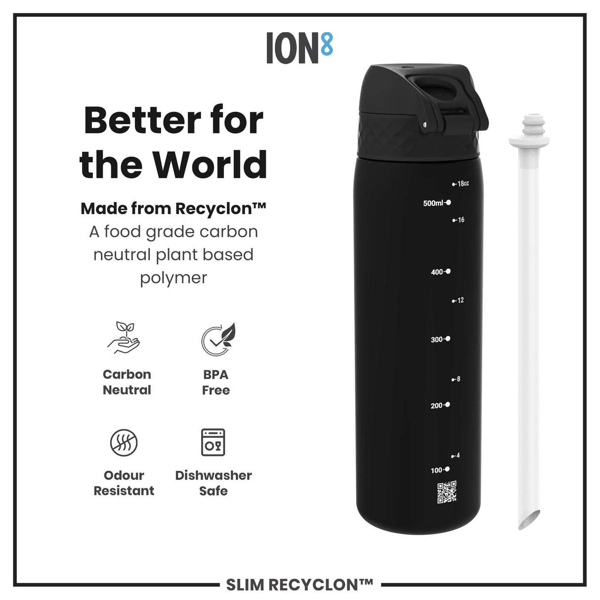 ION8 Recyclon Slim Leak Proof Water Bottle with Straw, Black, 500ml