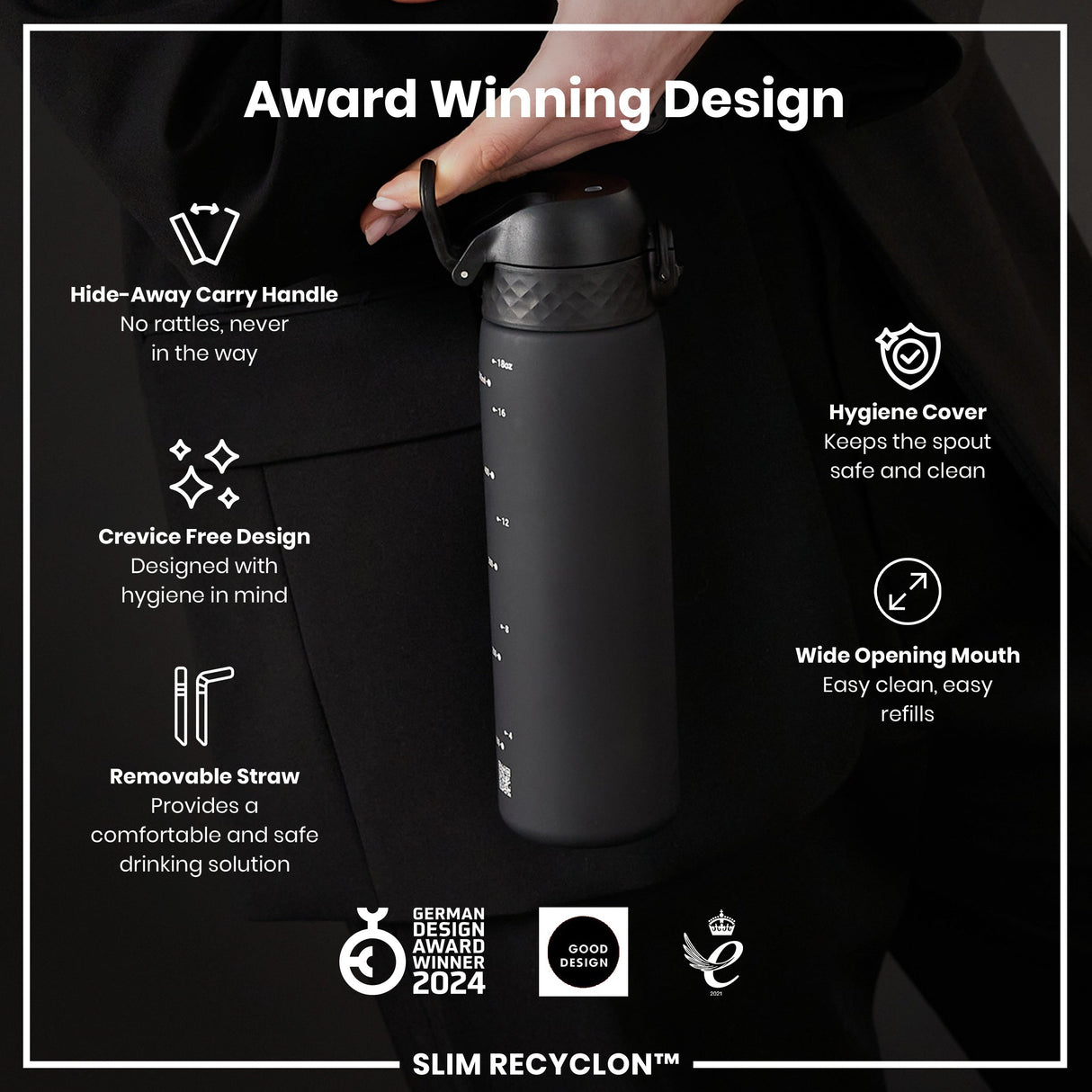 ION8 Recyclon Slim Leak Proof Water Bottle with Straw, Black, 500ml