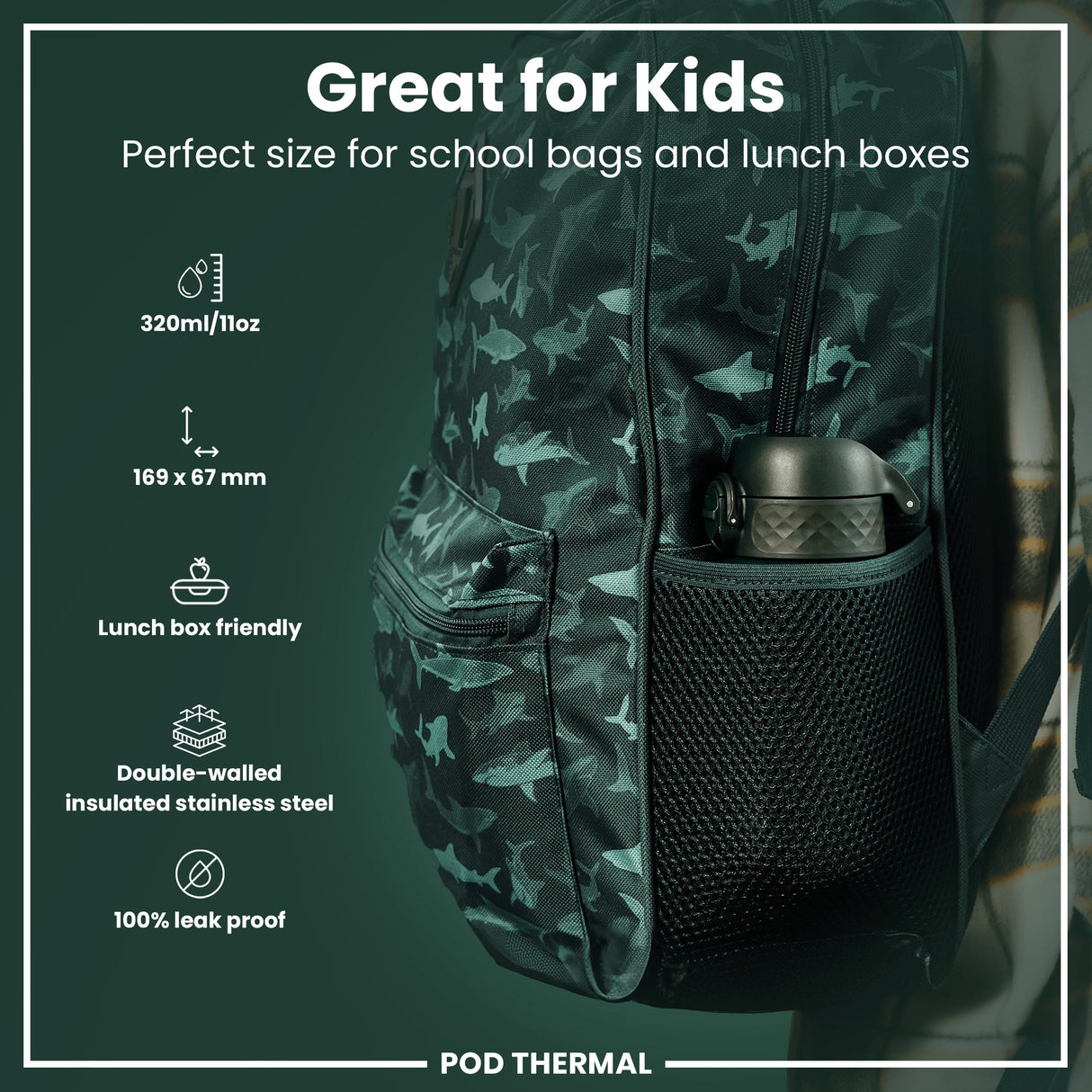 ION8 Leak Proof Thermal Water Bottle, Insulated Steel, Dark Green, 320ml
