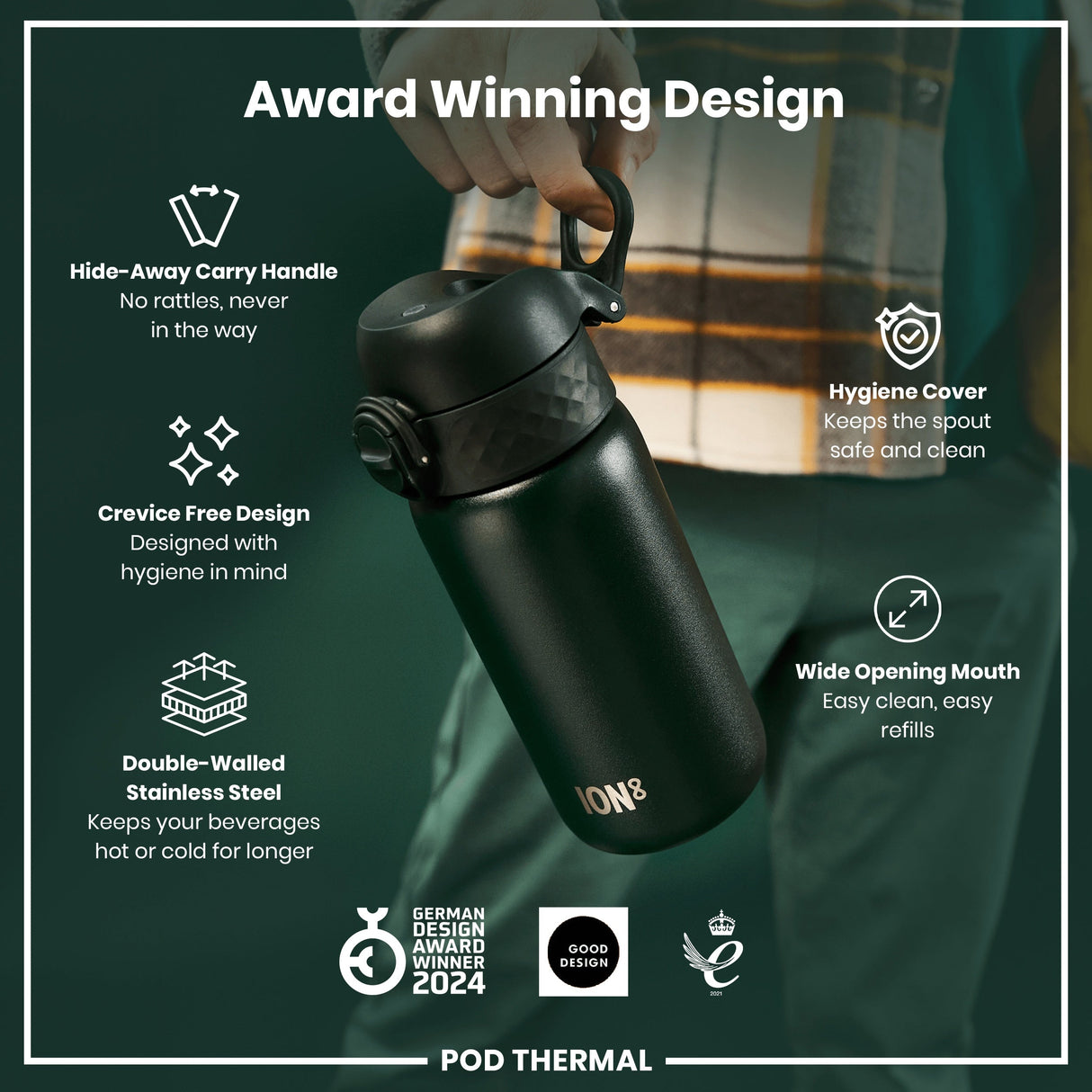 ION8 Leak Proof Thermal Water Bottle, Insulated Steel, Dark Green, 320ml