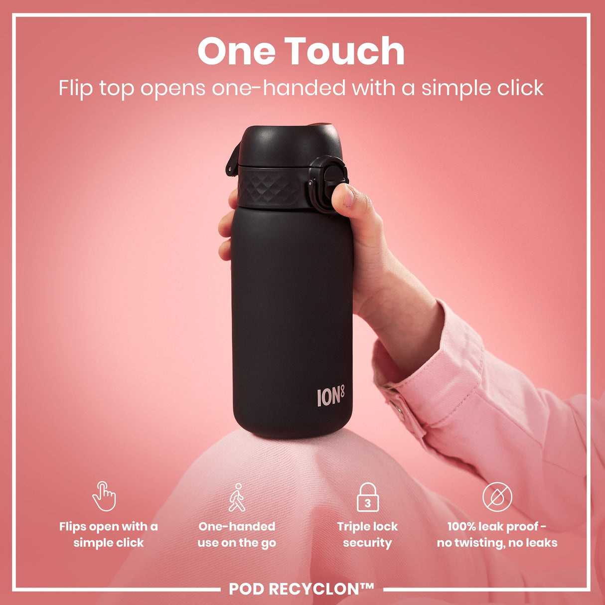ION8 Recyclon Leak Proof Water Bottle with Straw, Black, 350ml