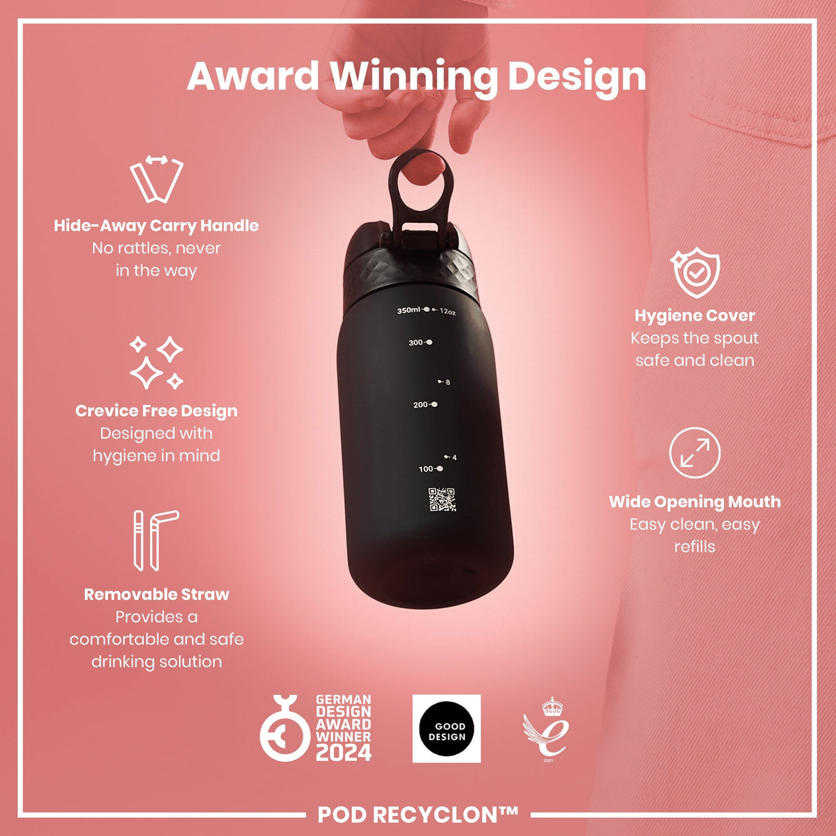 ION8 Recyclon Leak Proof Water Bottle with Straw, Black, 350ml