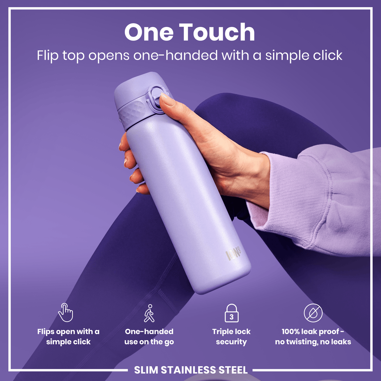 ION8 Steel Slim Leak Proof Water Bottle, Light Purple, 600ml