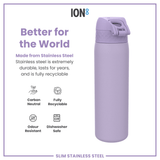 ION8 Steel Slim Leak Proof Water Bottle, Light Purple, 600ml