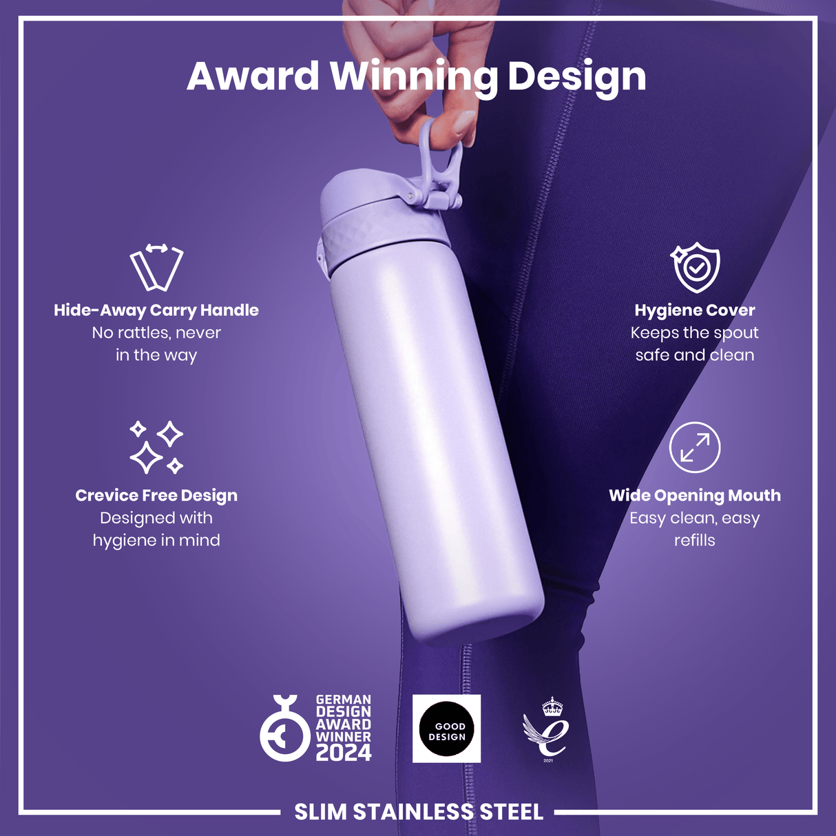 ION8 Steel Slim Leak Proof Water Bottle, Light Purple, 600ml