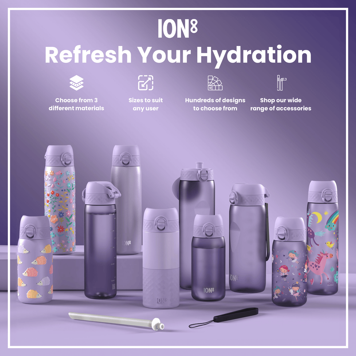 ION8 Steel Slim Leak Proof Water Bottle, Light Purple, 600ml