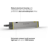 Ledlenser AF2R Work lying on its side, showing the brushed aluminium housing with 20cm ruler, rated IP54