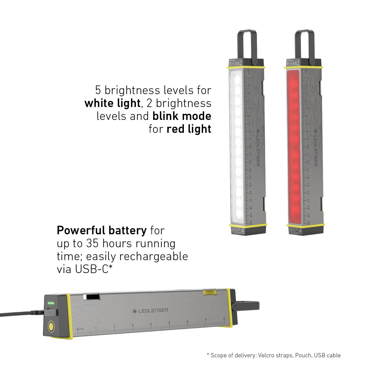 Ledlenser AF2R Work shown lit white and lit red, and charging by USB-C with three green charge lights