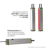 Ledlenser AF2R Work shown lit white and lit red, and charging by USB-C with three green charge lights