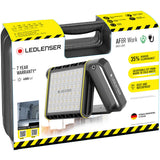 Ledlenser AF8R Work Area Light carry case packaging with output table, IP67 and adjustable warm to cold white