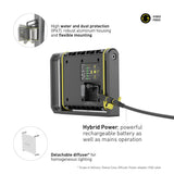 Rear of the Ledlenser AF8R Work on mains power, with IP67 rating, flexible mounting and detachable diffuser