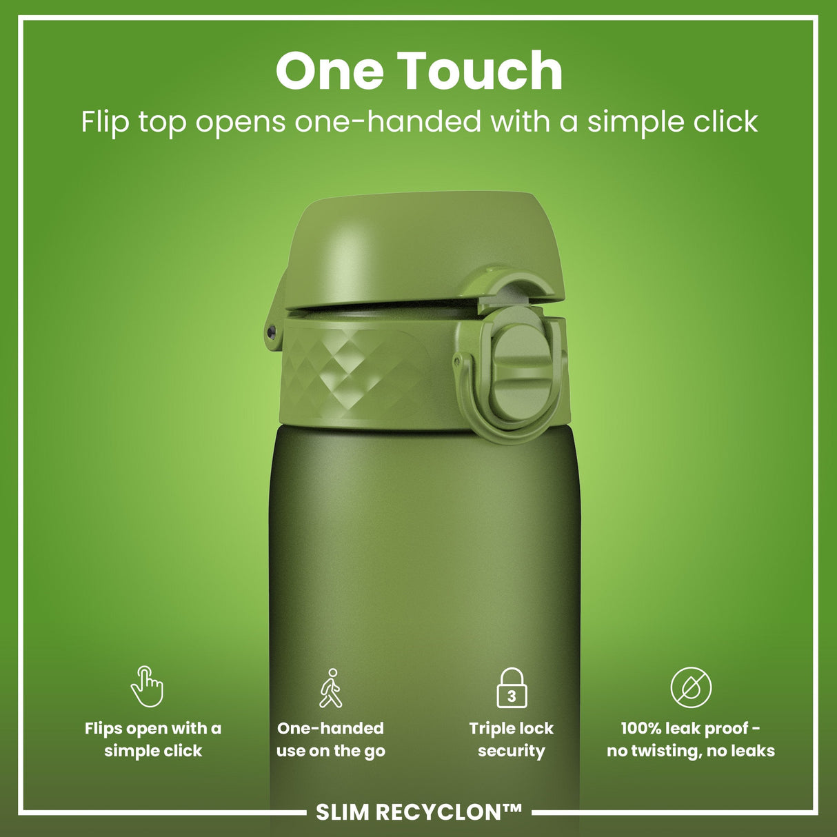 ION8 Recyclon Slim Leak Proof Water Bottle, Khaki Green, 500ml