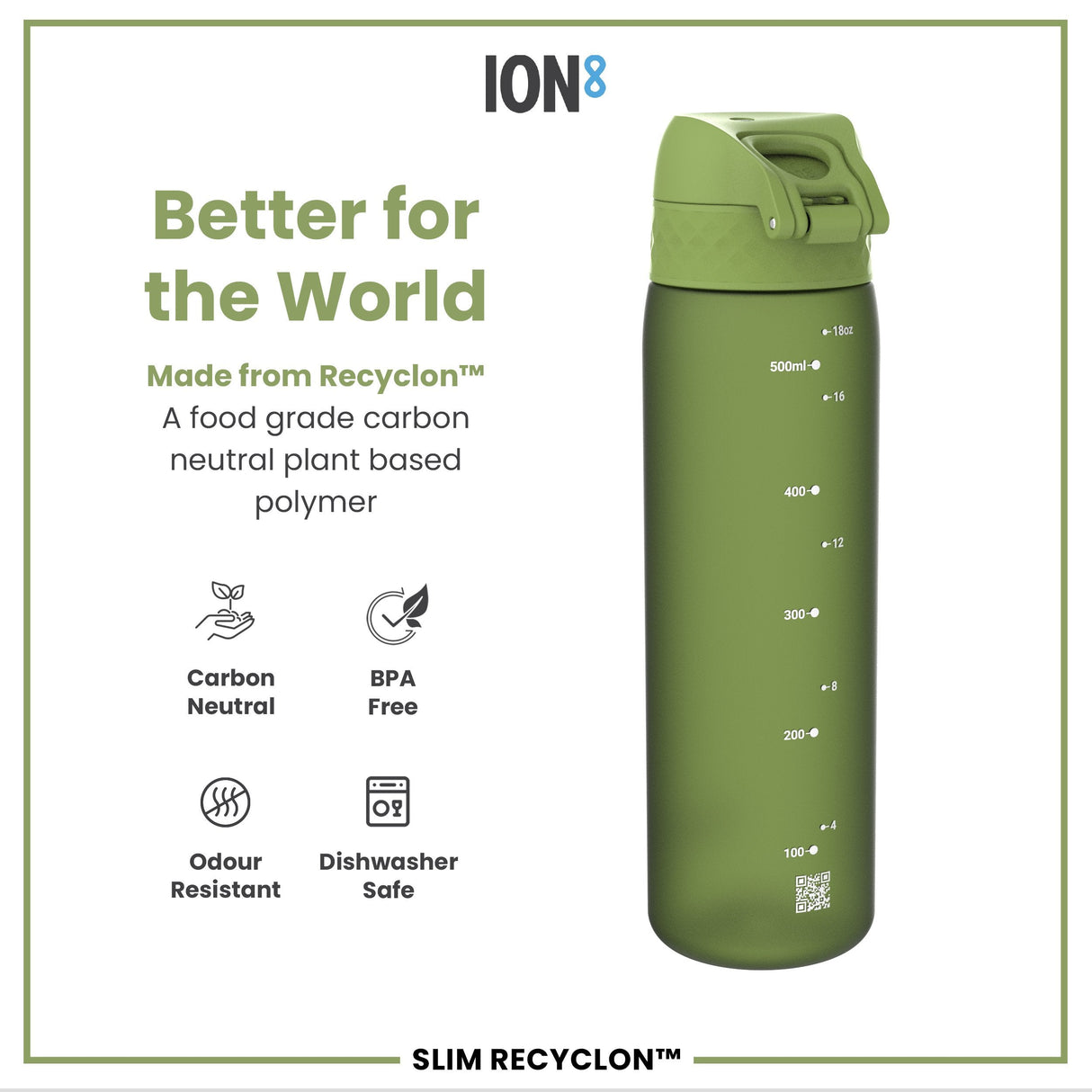 ION8 Recyclon Slim Leak Proof Water Bottle, Khaki Green, 500ml