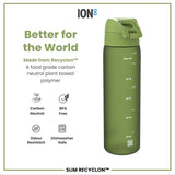 ION8 Recyclon Slim Leak Proof Water Bottle, Khaki Green, 500ml