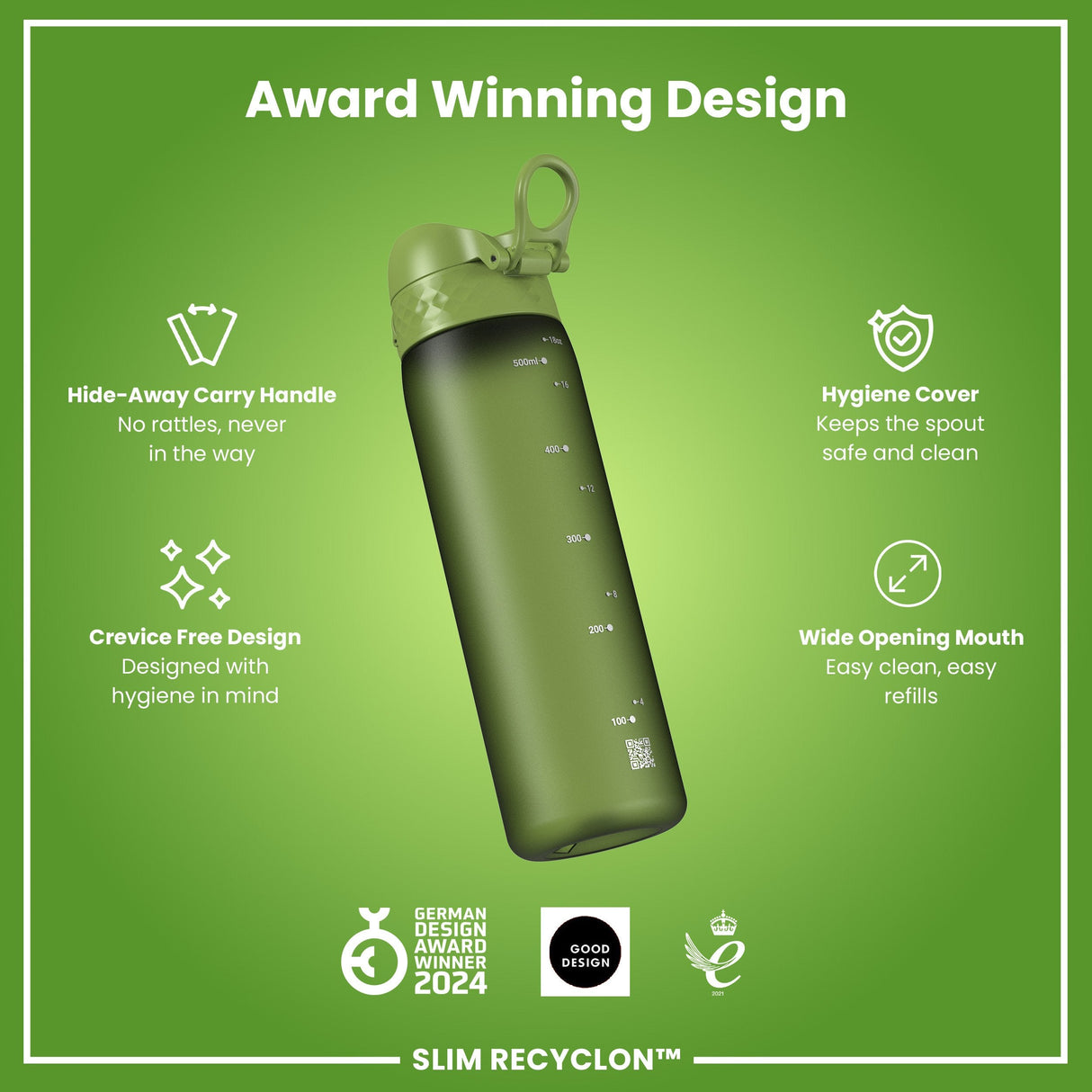 ION8 Recyclon Slim Leak Proof Water Bottle, Khaki Green, 500ml