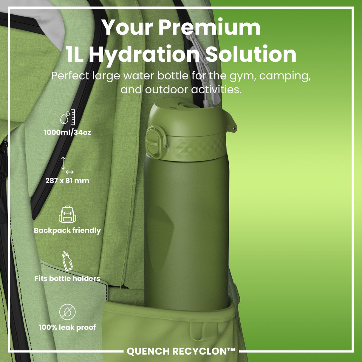 ION8 Recyclon Leak Proof Water Bottle, Khaki Green, 1L