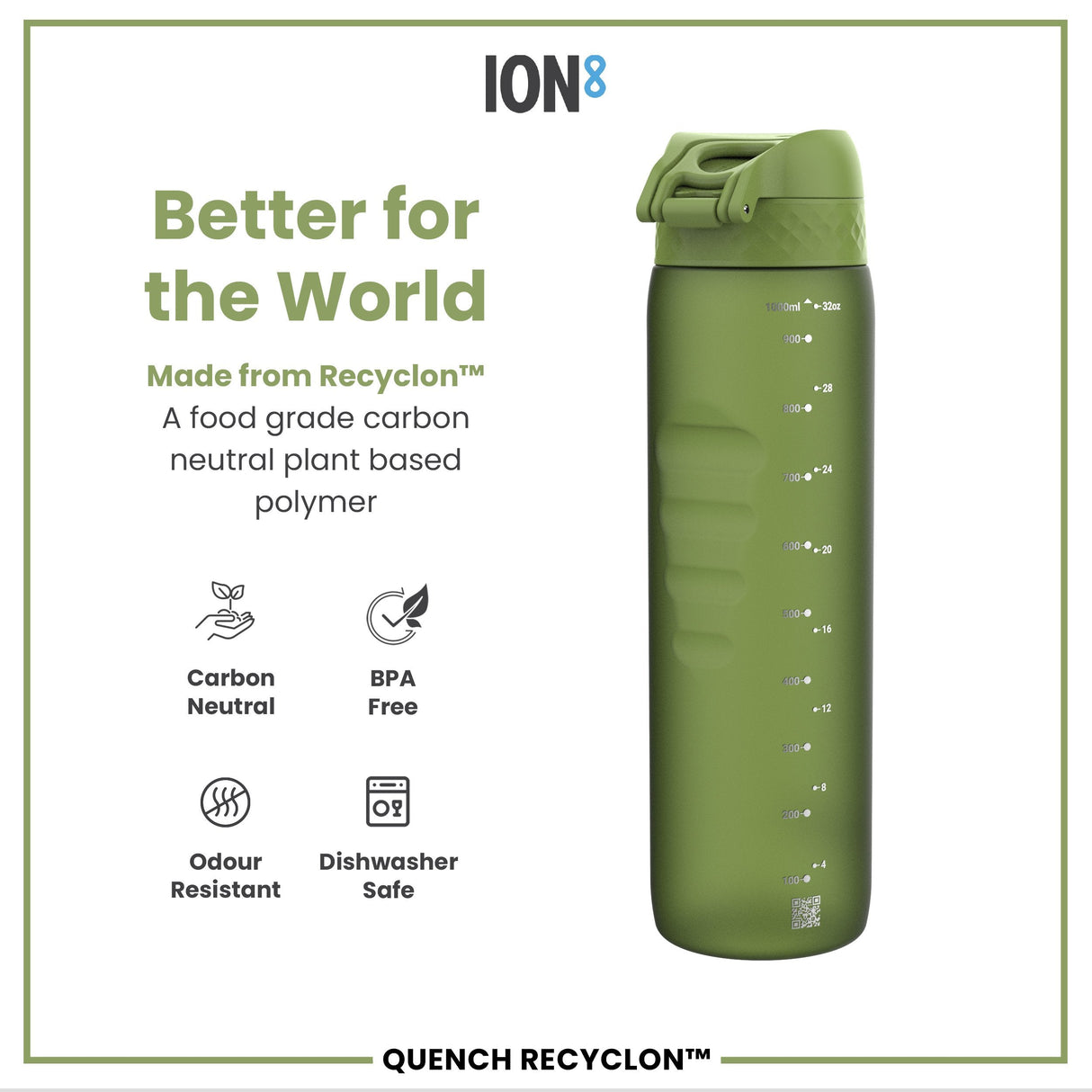 ION8 Recyclon Leak Proof Water Bottle, Khaki Green, 1L