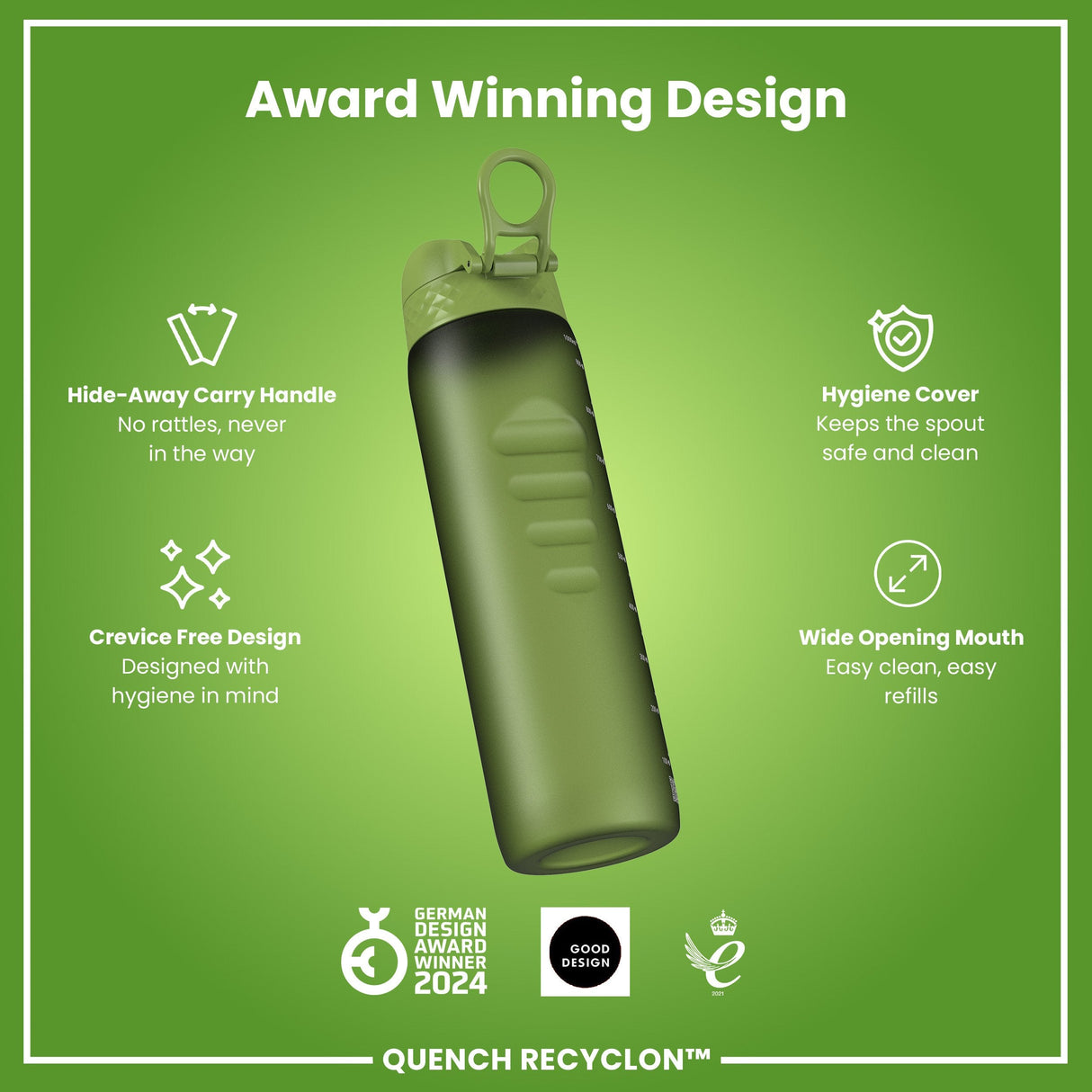 ION8 Recyclon Leak Proof Water Bottle, Khaki Green, 1L
