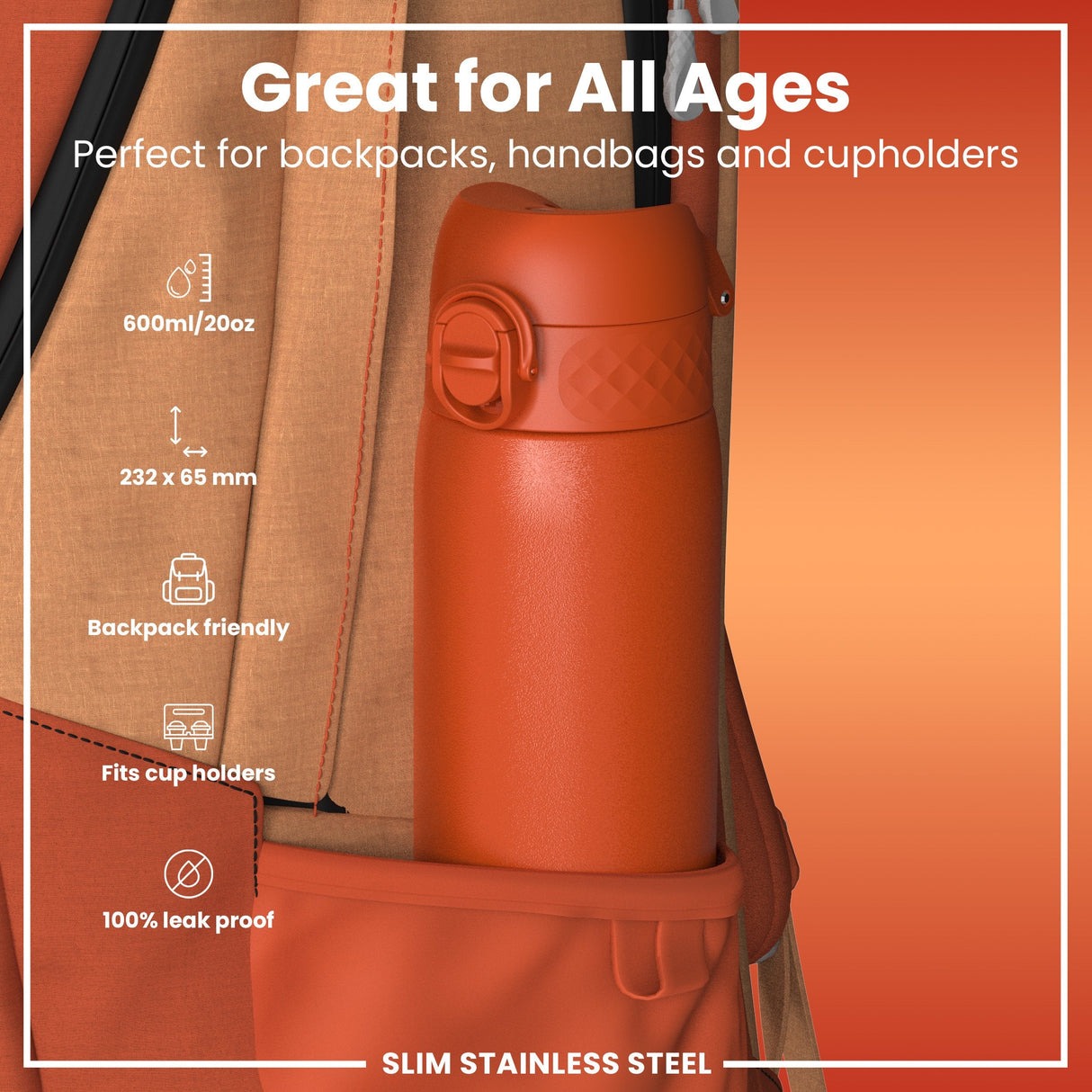 ION8 Steel Slim Leak Proof Water Bottle, Hearty Orange, 600ml