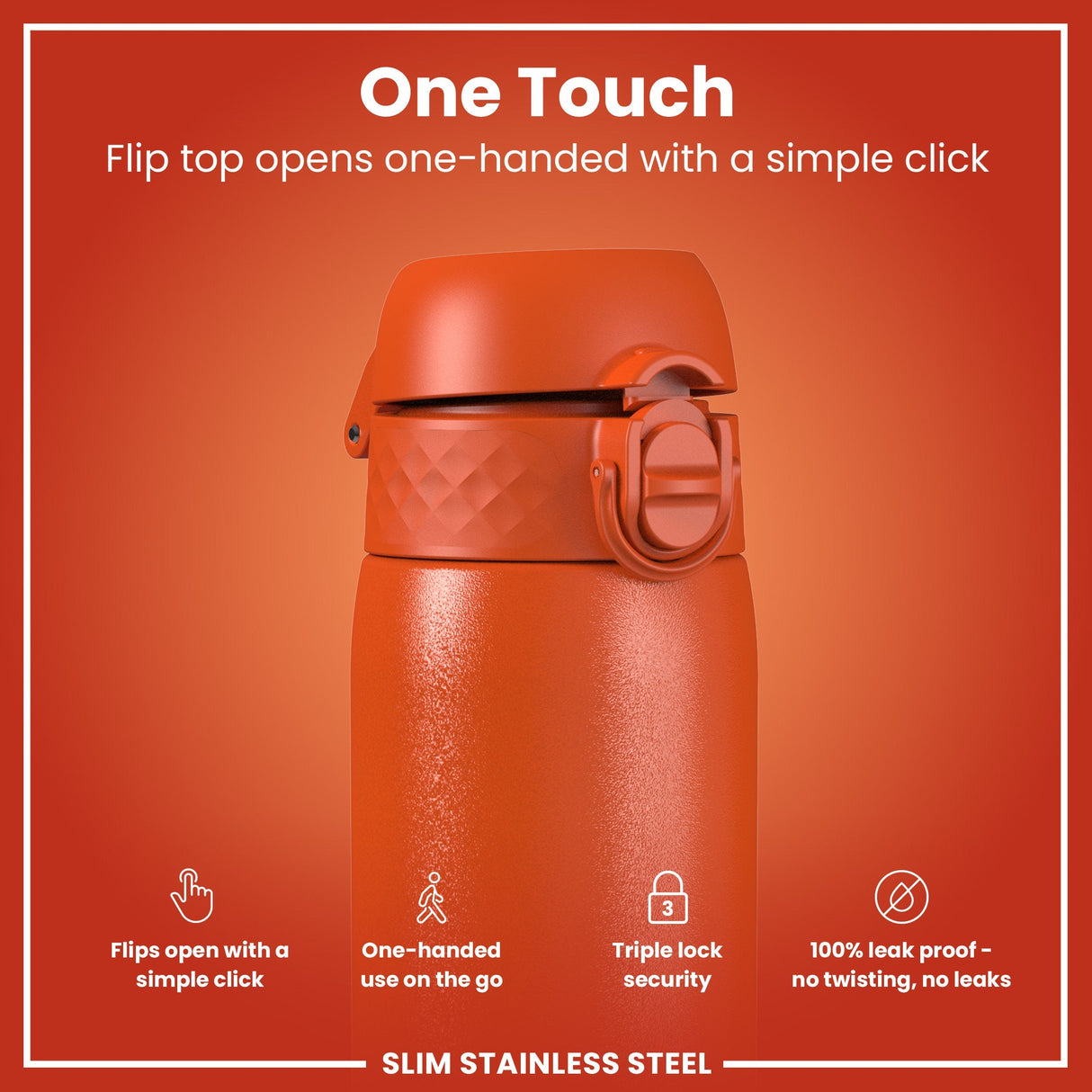 ION8 Steel Slim Leak Proof Water Bottle, Hearty Orange, 600ml