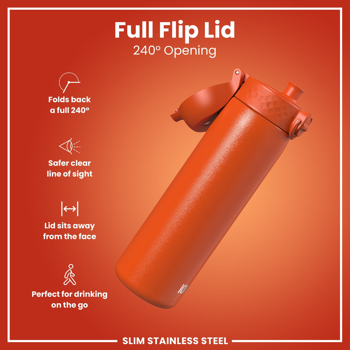 ION8 Steel Slim Leak Proof Water Bottle, Hearty Orange, 600ml