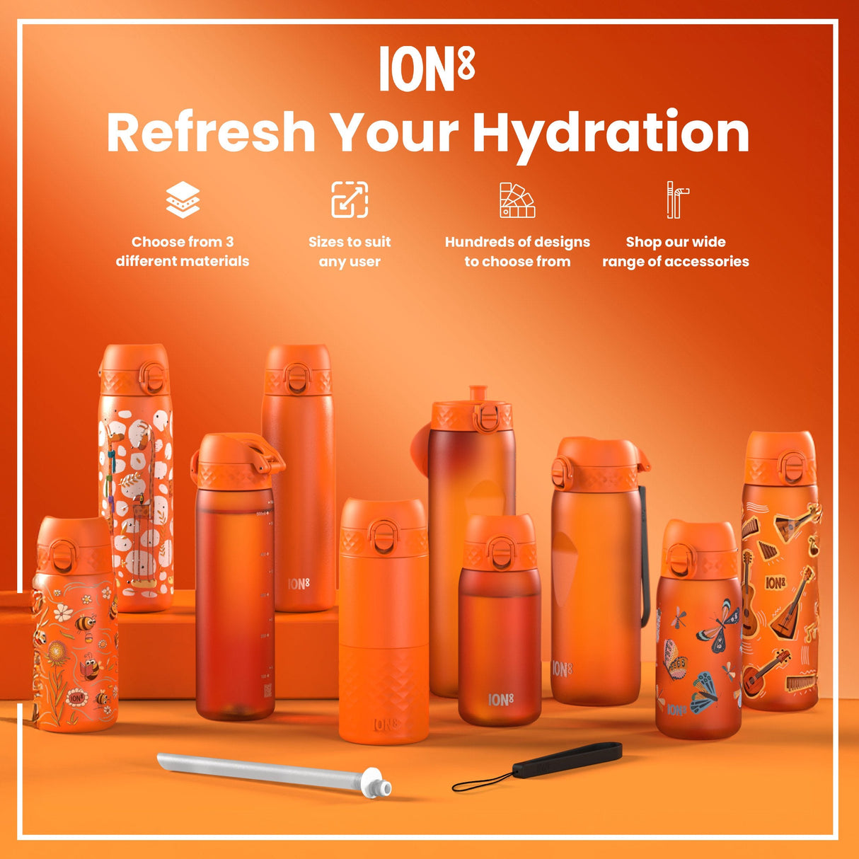 ION8 Steel Slim Leak Proof Water Bottle, Hearty Orange, 600ml
