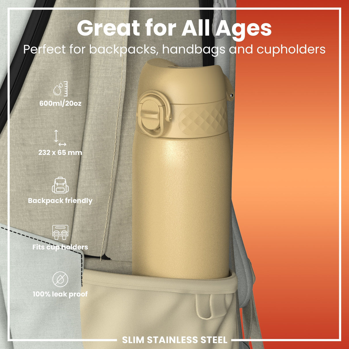 ION8 Steel Slim Leak Proof Water Bottle, Desert, 600ml