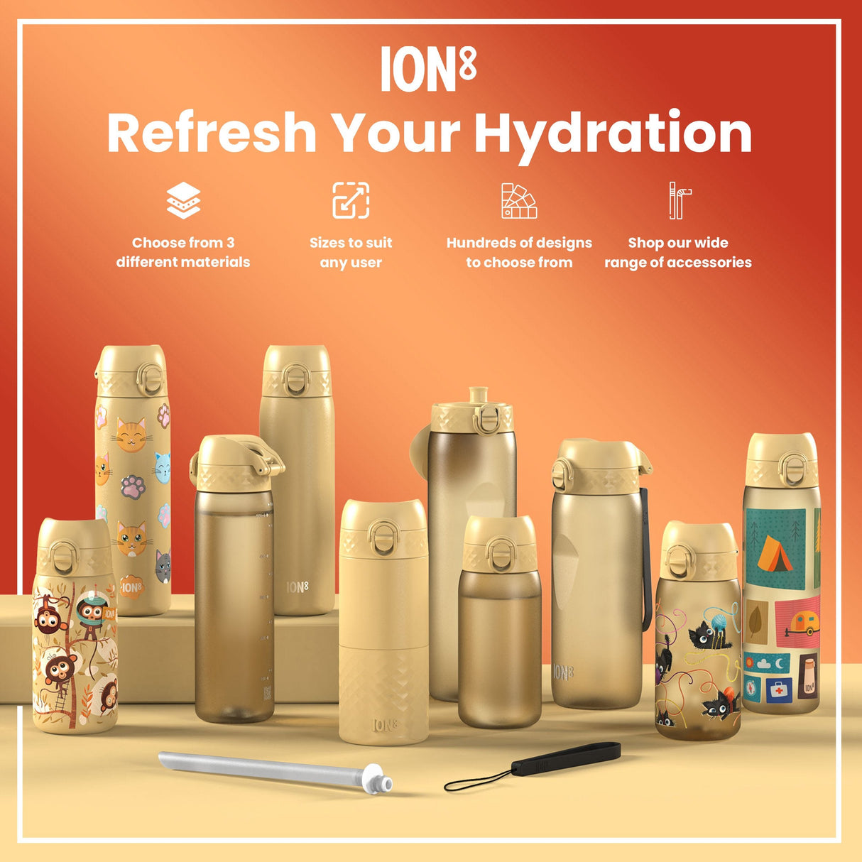 ION8 Steel Slim Leak Proof Water Bottle, Desert, 600ml