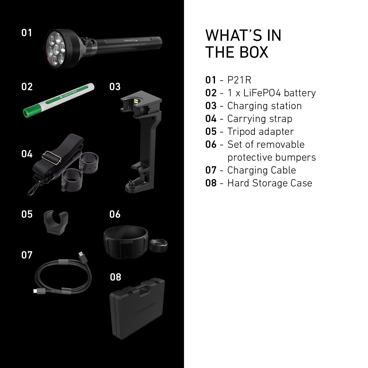 What is in the box with the Ledlenser P21R: torch, battery, station, strap, tripod adapter, bumpers, cable and case