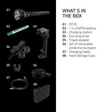 What is in the box with the Ledlenser P21R: torch, battery, station, strap, tripod adapter, bumpers, cable and case