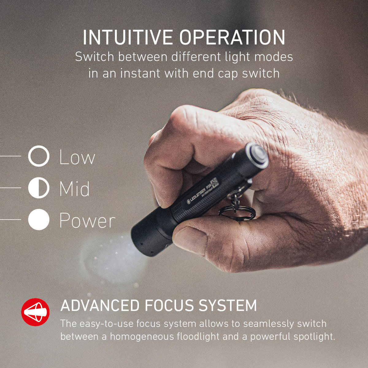 Hand holding the Ledlenser P3R, with its three light modes and focus system
