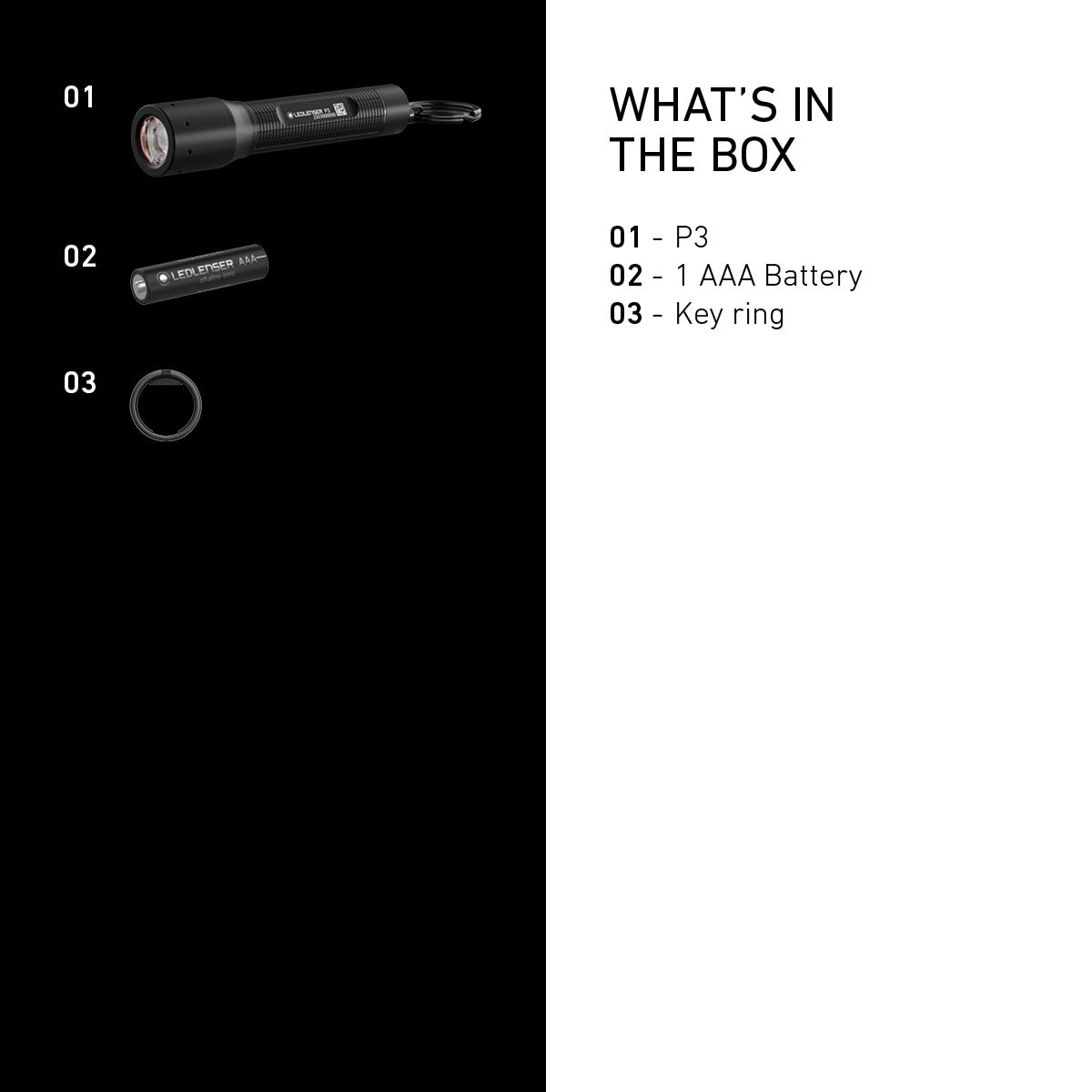 What is in the box with the Ledlenser P3: torch, AAA battery and key ring