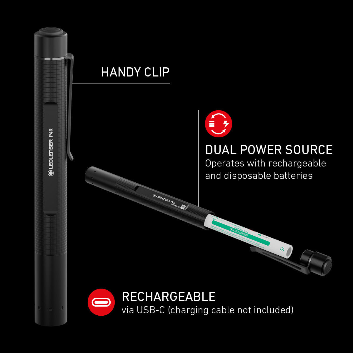 Ledlenser P4R infographic showing the pocket clip, Dual Power and USB-C battery