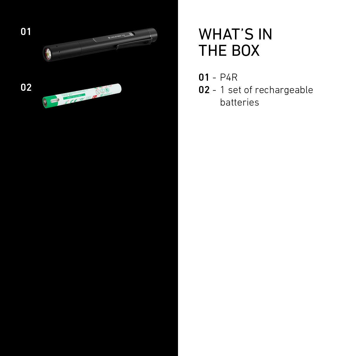 What is in the box with the Ledlenser P4R: pen light and rechargeable battery