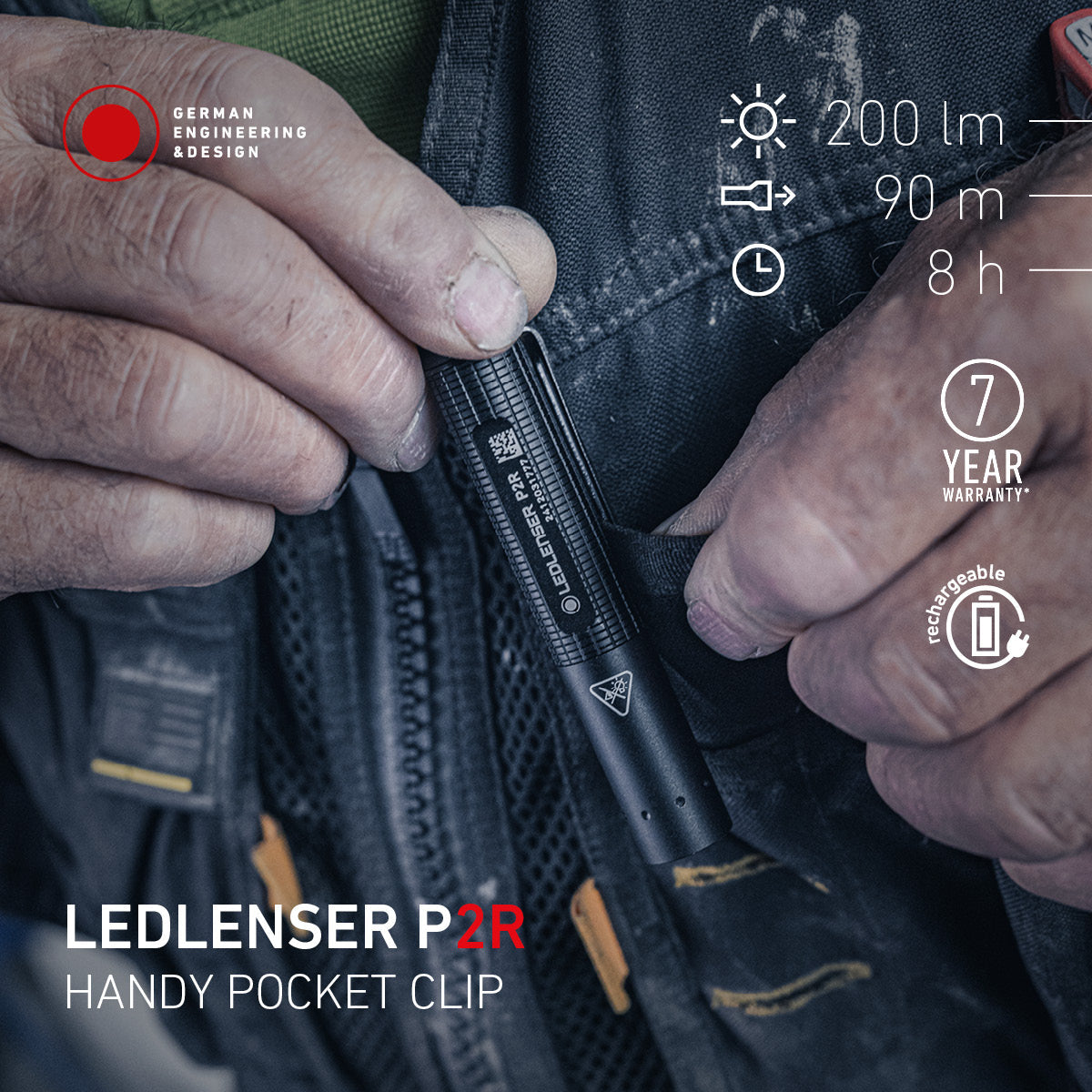 Tradesperson clipping the Ledlenser P2R pen light into a jacket pocket